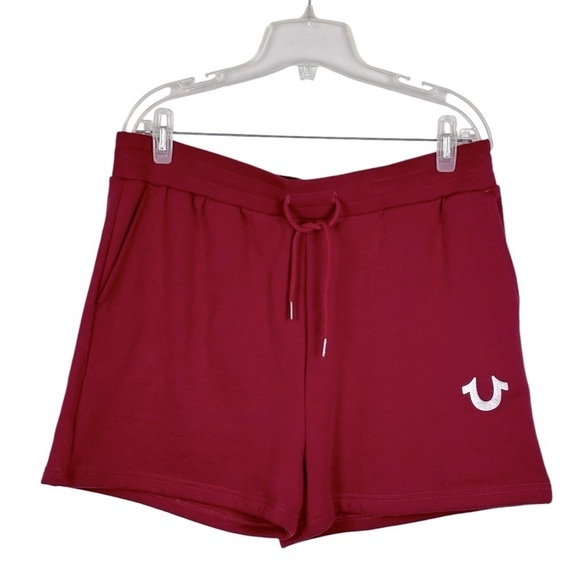 TRUE RELIGION RED DAHLIA HS FOIL LOGO FLEECE HIGH WAIST SWEAT SHORT - Picture 4 of 12